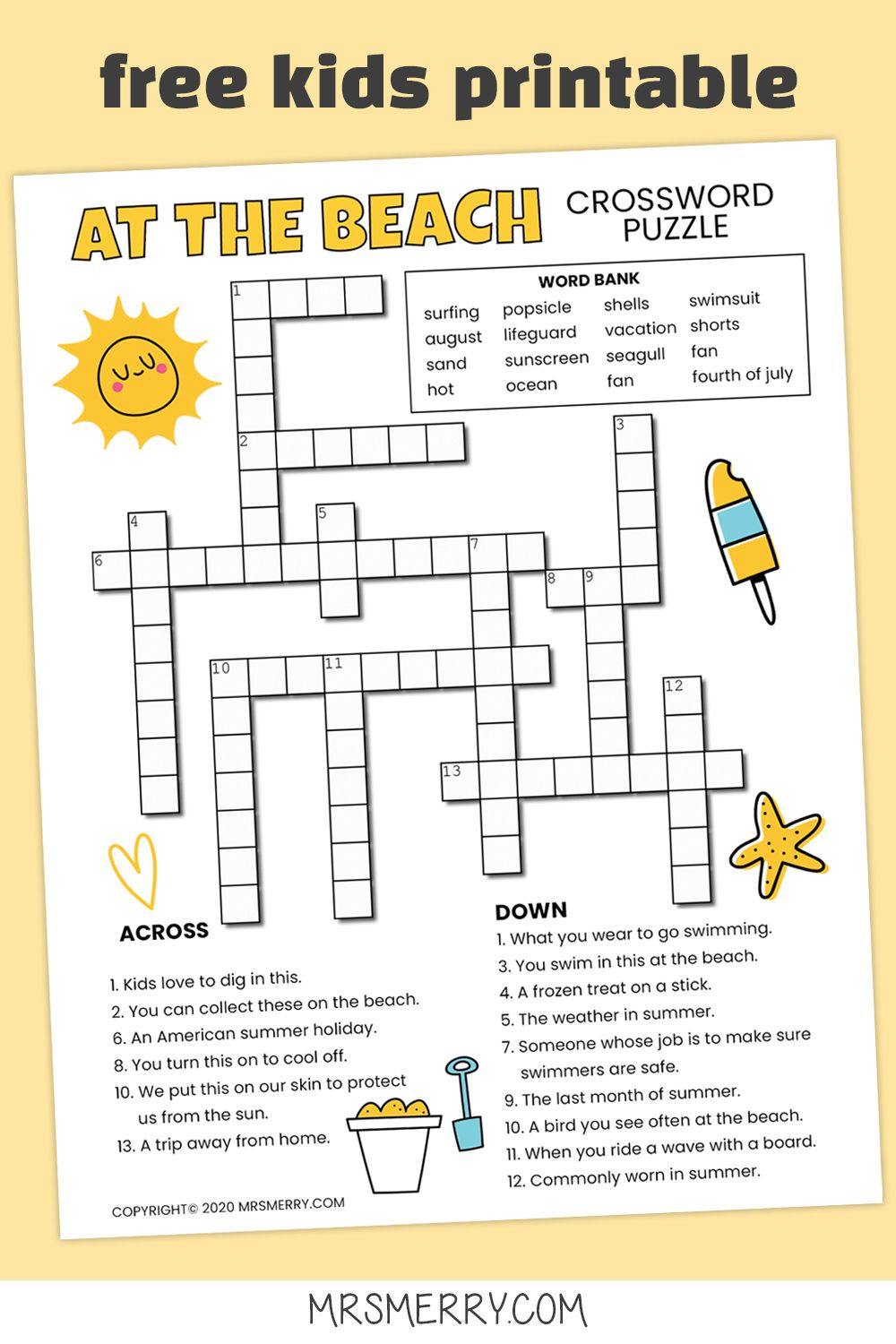Beach Printable Crossword Puzzle For Kids Mrs Merry Word Puzzles 