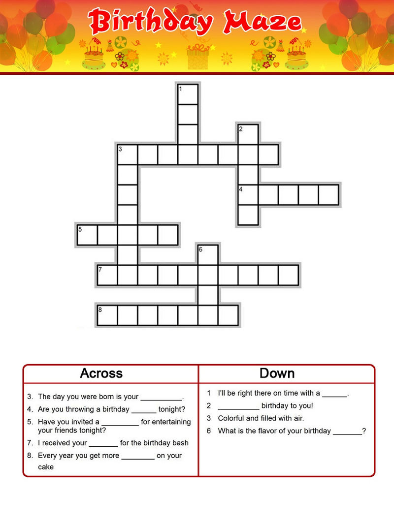 Birthday Crossword Puzzle Free Coloring Sheets