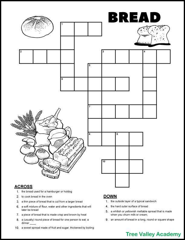 Bread Themed Crossword Puzzle For Early Elementary Kids