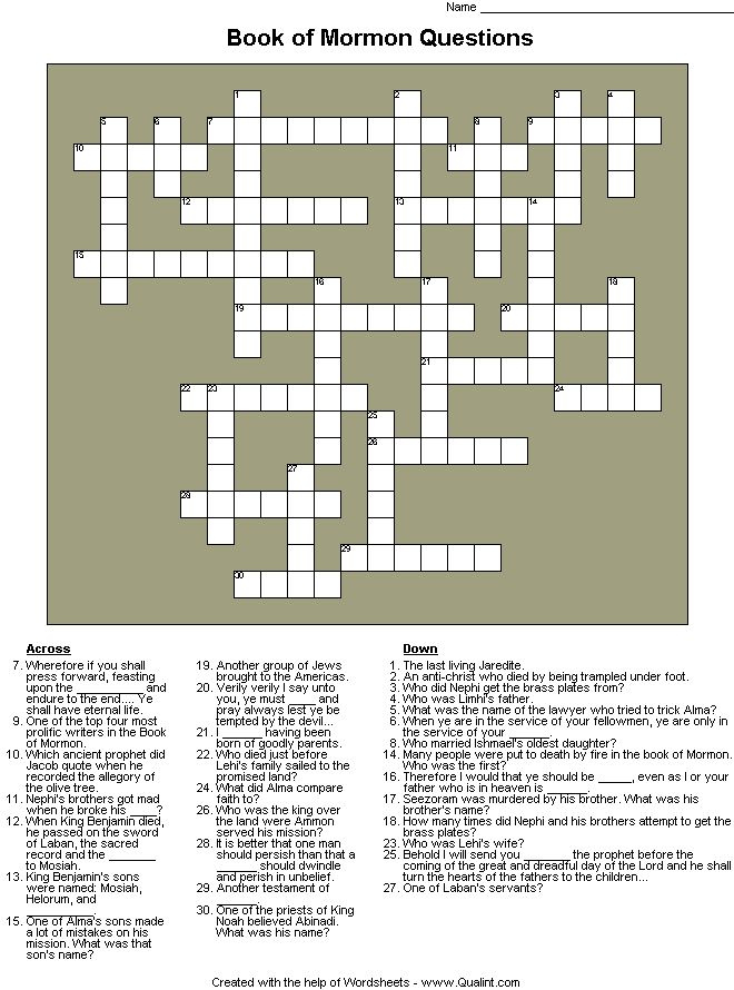 Crossword Lds Puzzles Book Of Mormon Scriptures Crossword