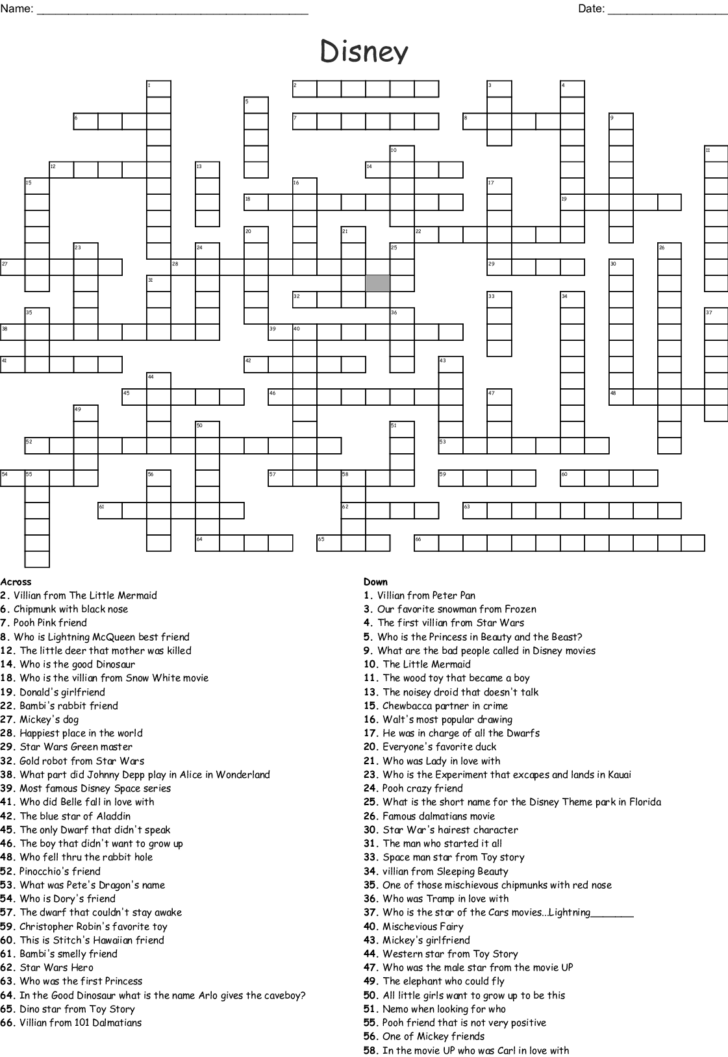 Themed Disney Disney Crossword Puzzles Printable