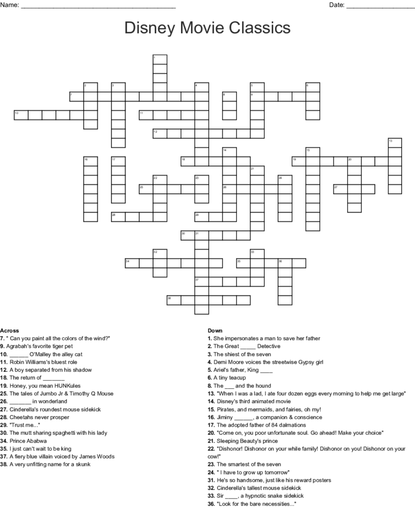Disney Crossword Puzzles Printable For Adults Printable Template 2021