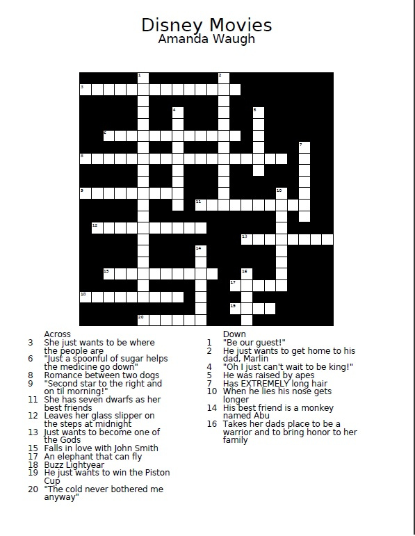 Disney Movie Crossword Puzzle WG News