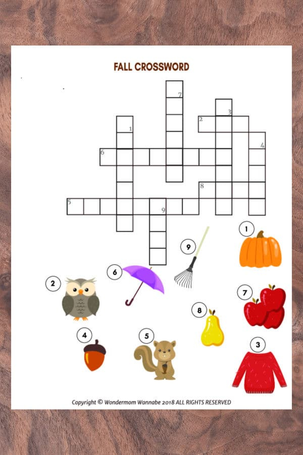 Fall Crossword Puzzle For Kids