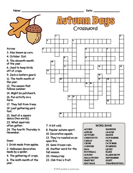 Fall Crossword Puzzle Worksheet 4 Versions By Puzzles To Print