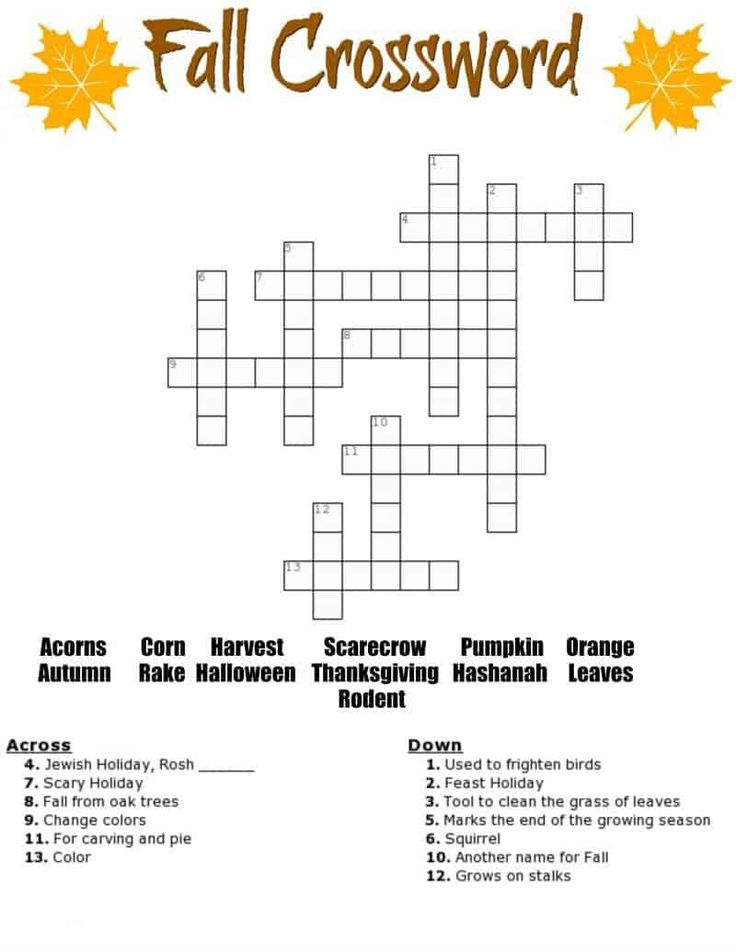 Free Fall Crossword Puzzle printable Worksheet Available With And 