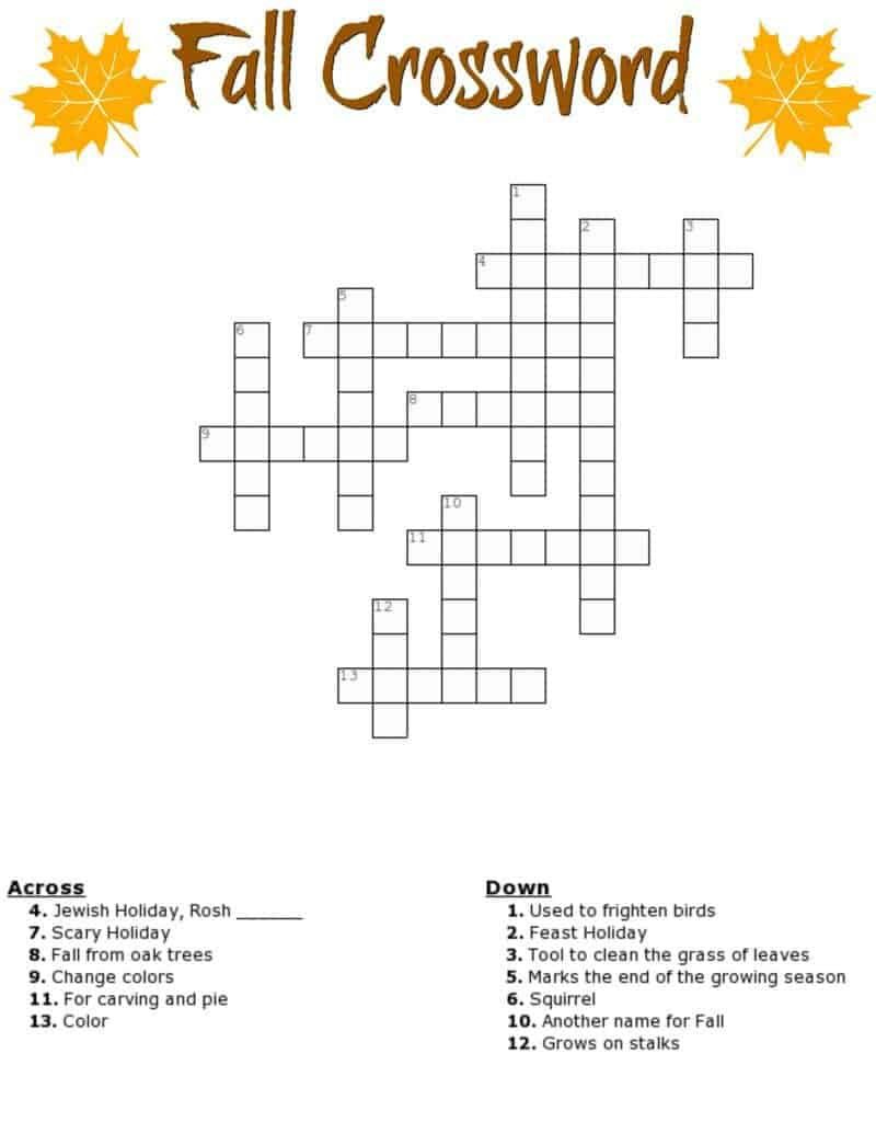 Free Fall Crossword Puzzle printable Worksheet Available With And 