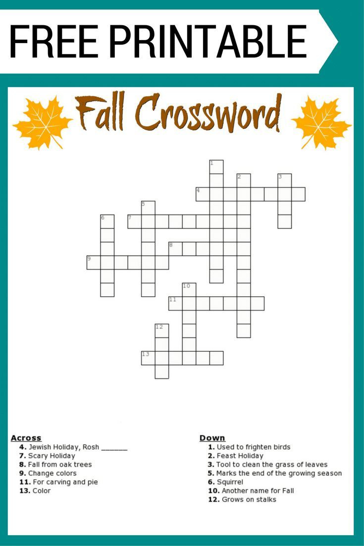 Free Fall Crossword Puzzle printable Worksheet Available With And 