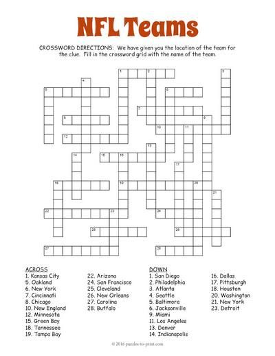 Free Printable NFL Teams Crossword Word Puzzles For Kids Fill In 