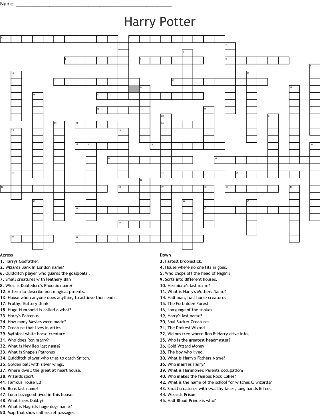 Harry Potter Crossword Puzzles Printable | Emma Crossword Puzzles