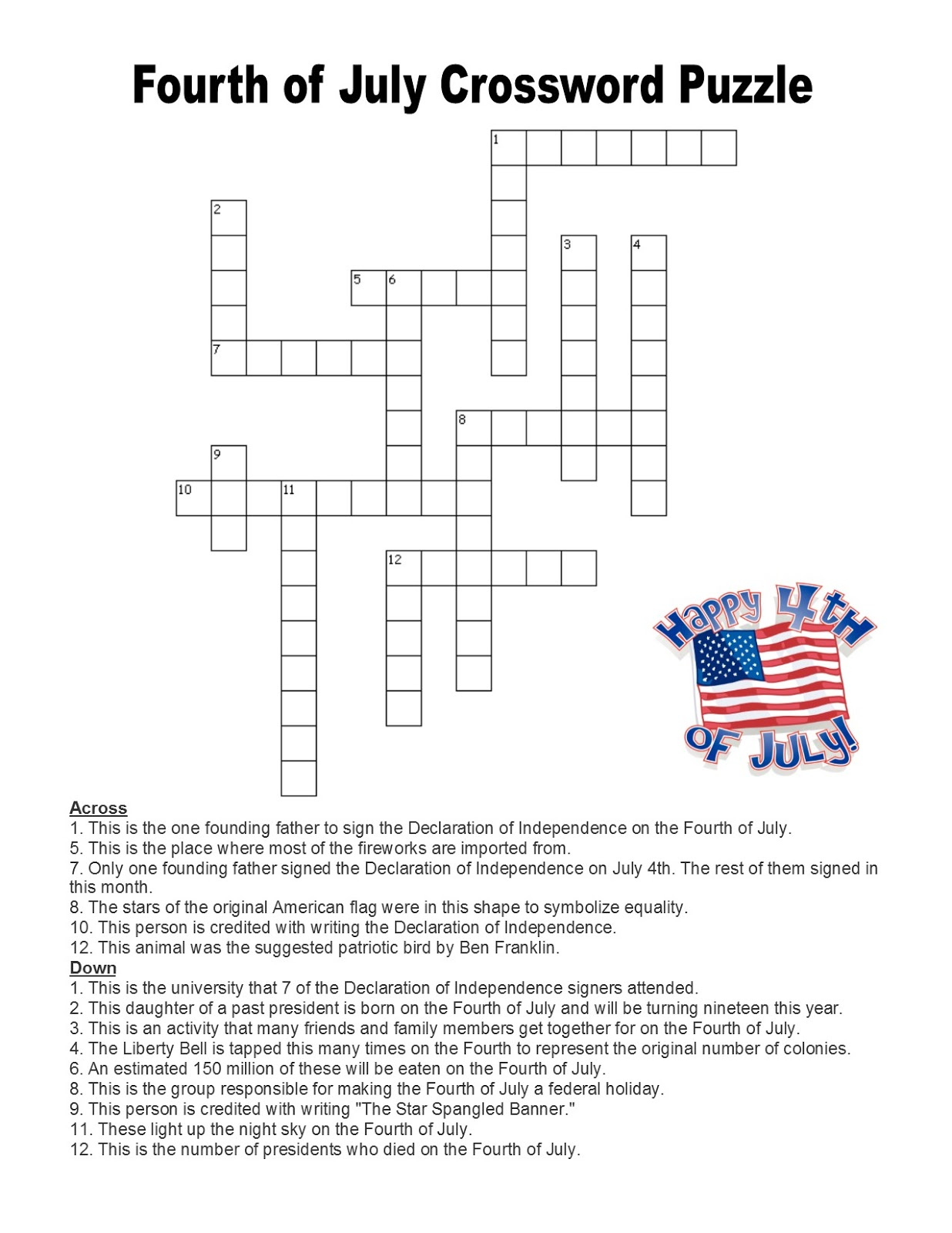 Language Summer Extra Credit WEEK 3 FOURTH OF JULY CROSSWORD PUZZLE