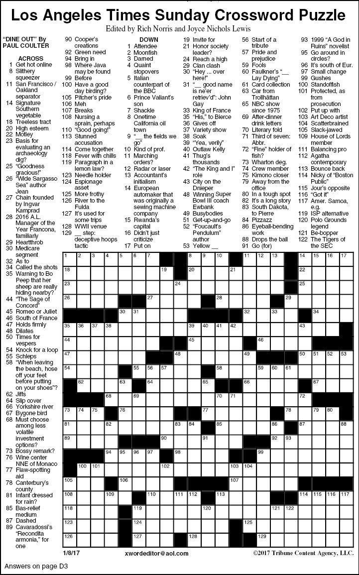 Los Angeles Times Sunday Crossword Puzzle Features Timesargus