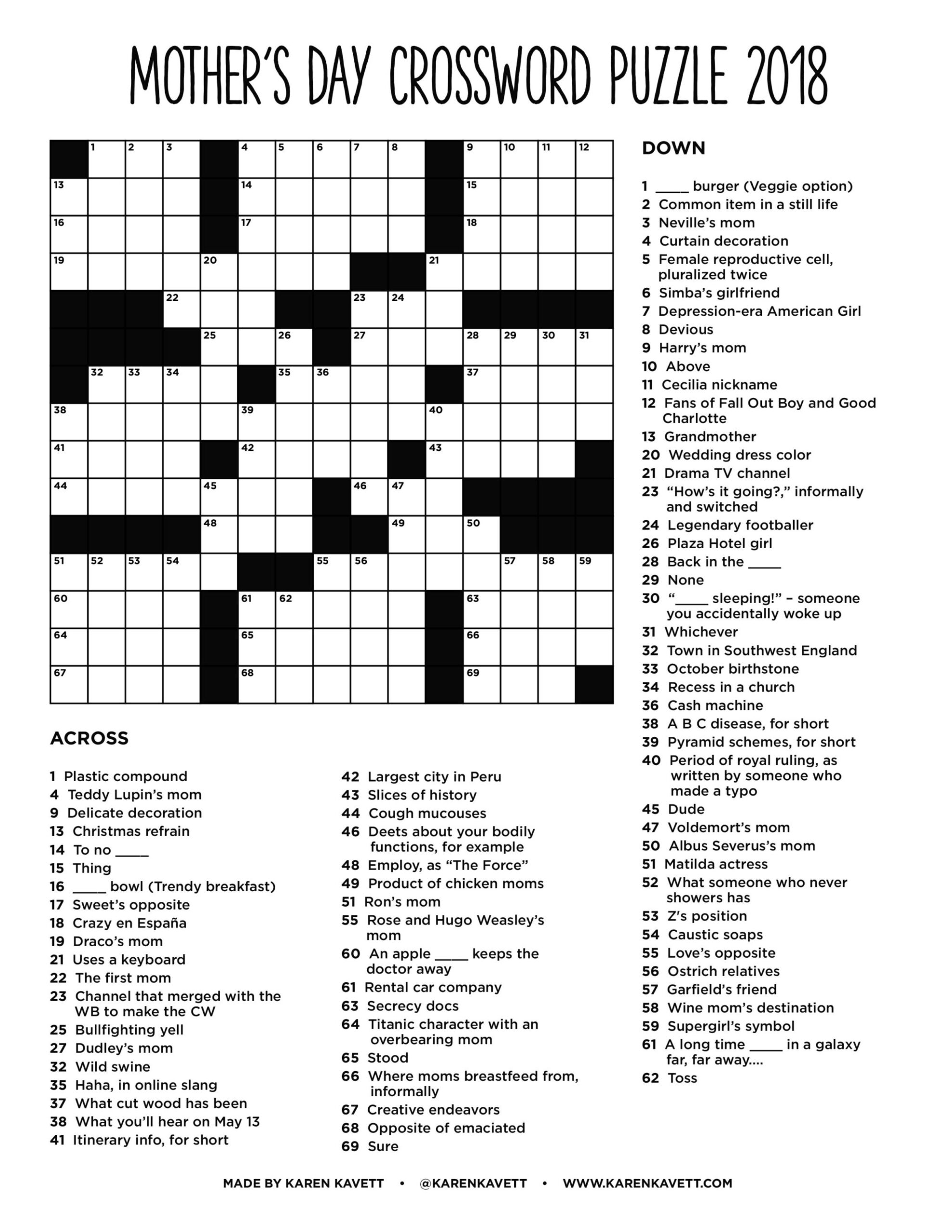 Mother s Day Crossword Puzzle 2018 Karen Kavett
