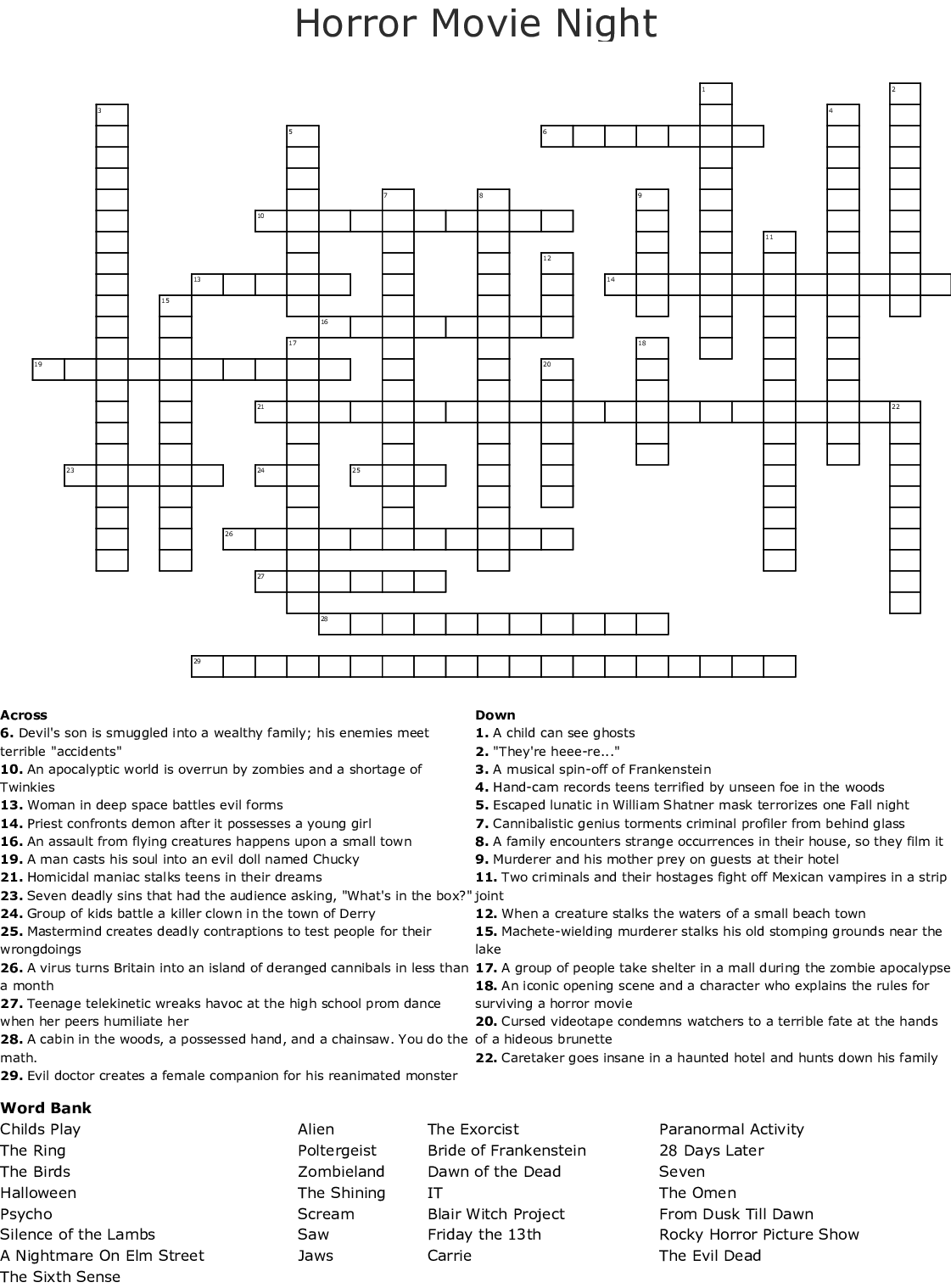 Horror Movie Crossword Puzzles Printable Emma Crossword Puzzles