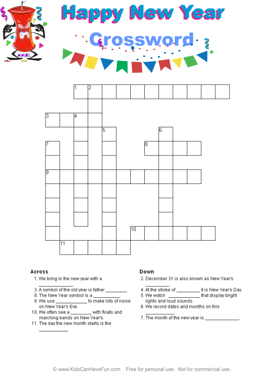 New Year s Crossword Puzzle New Years Activities Printable 