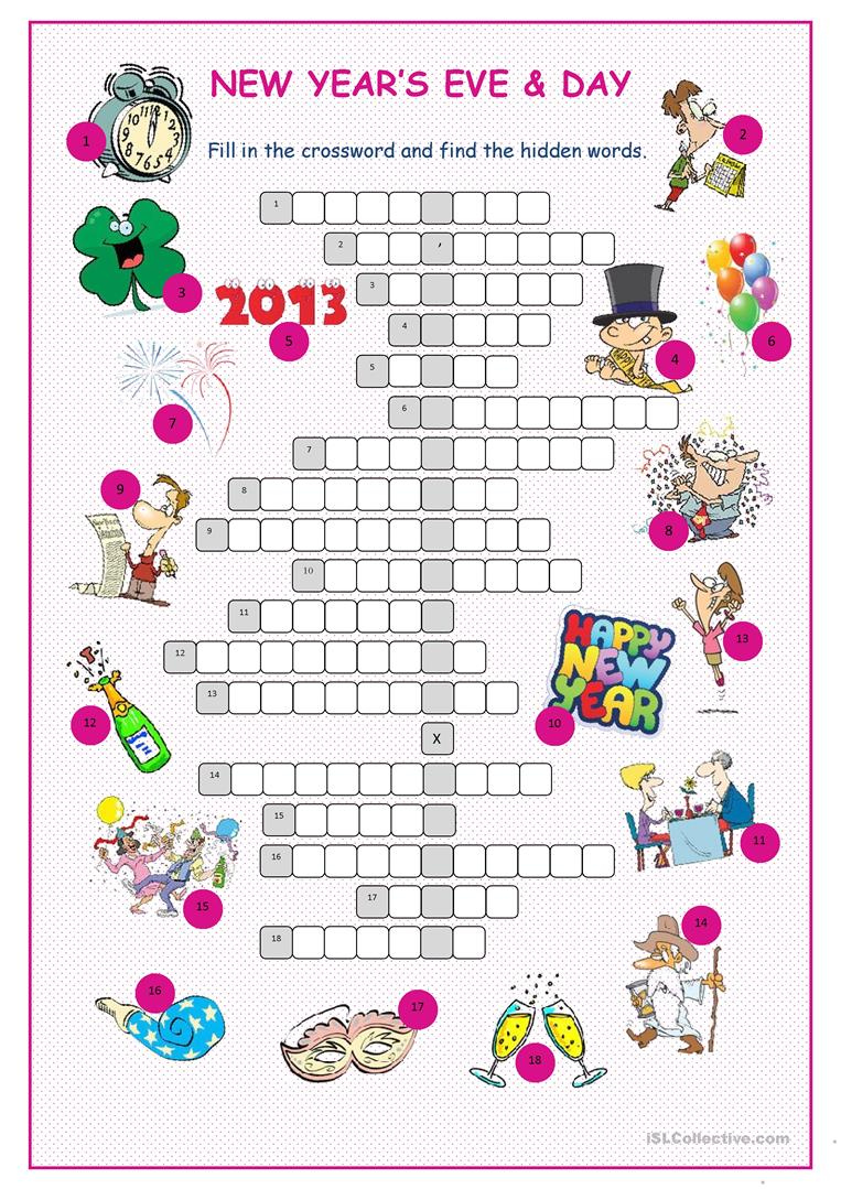 New Year s Eve Day Crossword Puzzle Worksheet Free ESL Printable 