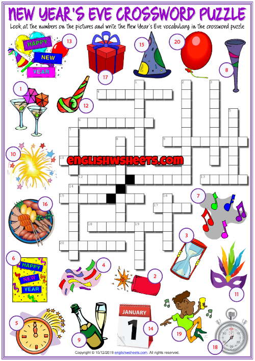 New Year s Eve ESL Crossword Puzzle Worksheet For Kids In 2021 