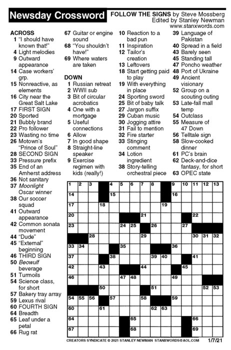 Newsday Crossword Puzzle For Jan 07 2021 By Stanley Newman Creators 