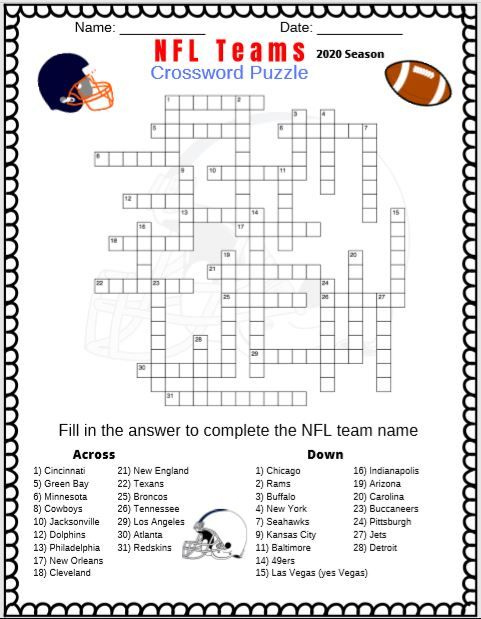 NFL Football Teams Crossword Puzzle Free Printable PDF Crossword 