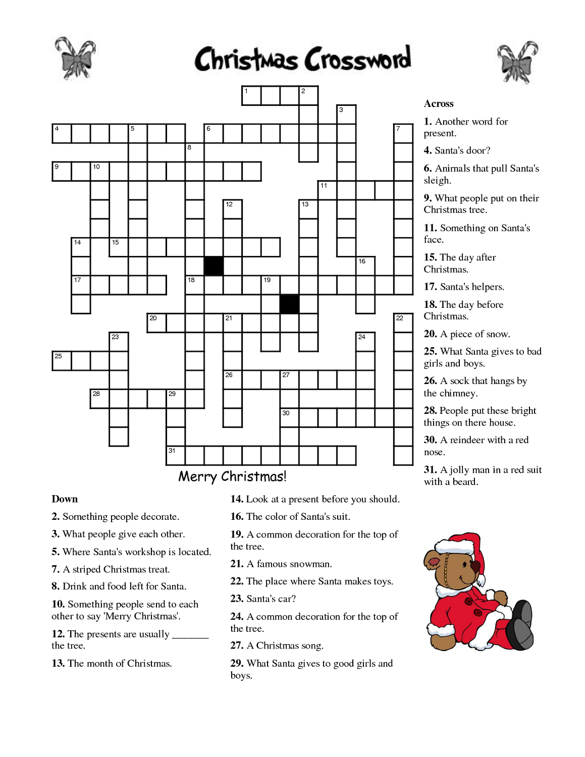 Printable Christmas Crossword Puzzles For Adults With Answers 