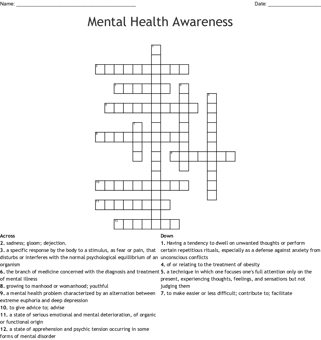 Printable Crossword Puzzles For Mental Health Printable Crossword Puzzles