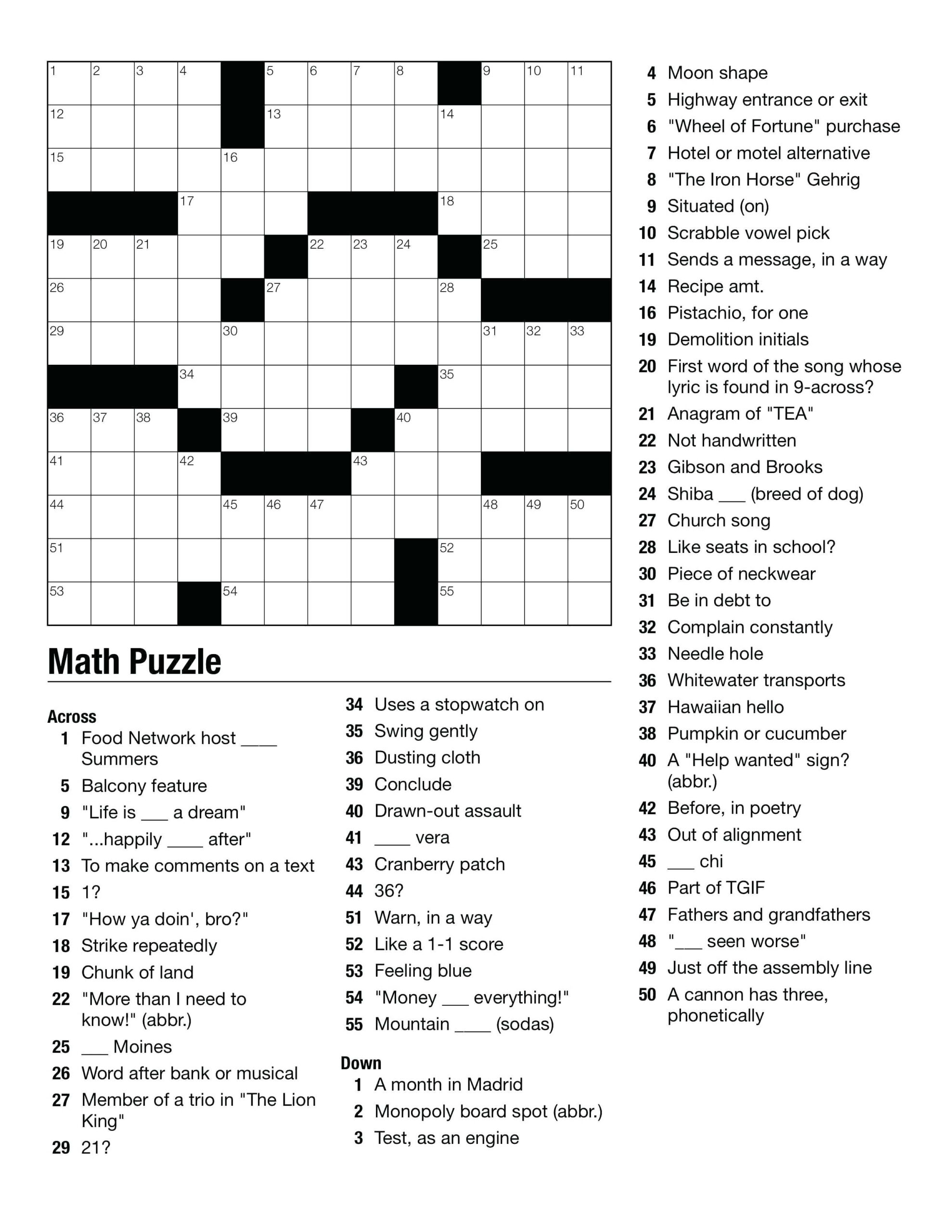 Printable Crossword Puzzles For Middle School Students