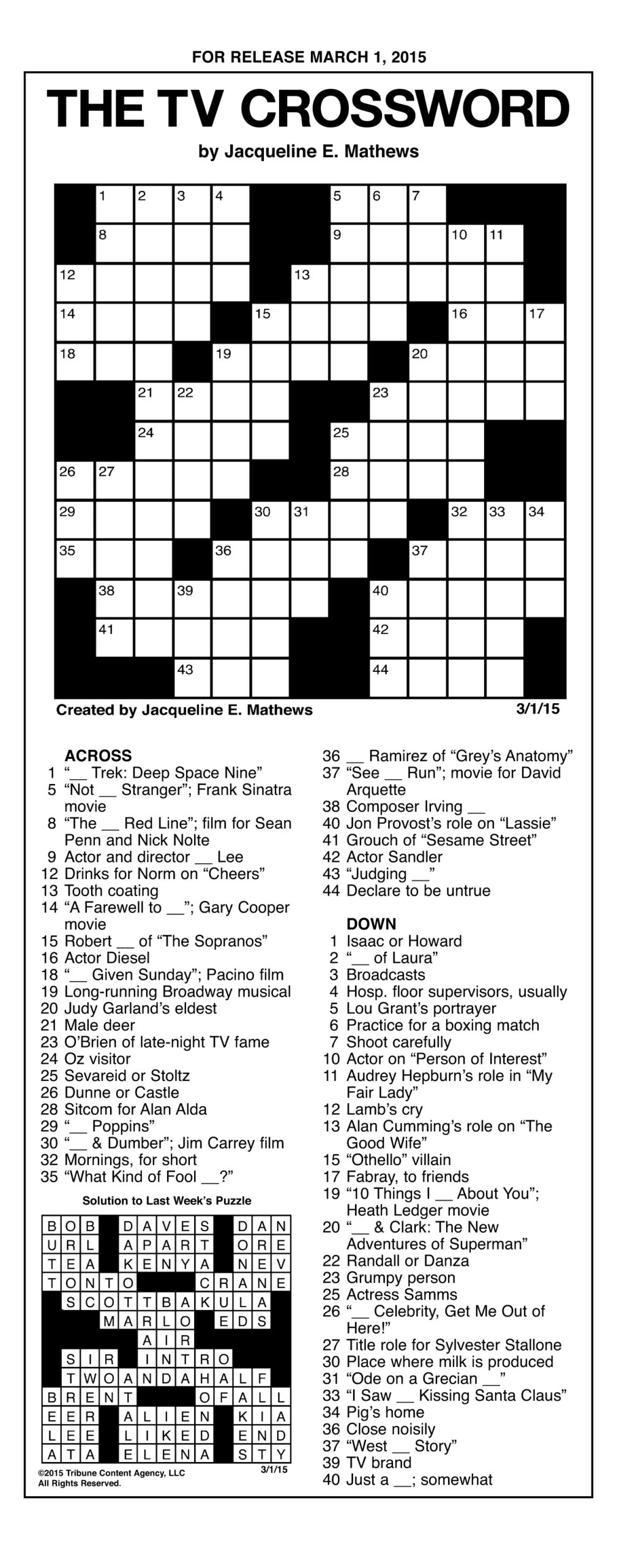 Tv Guide Crossword Puzzles Free Printable Crossword Puzzles