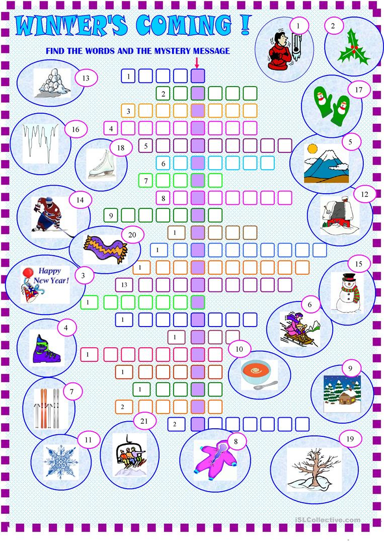 Winter Crossword Puzzle With KEY English ESL Worksheets For Emma