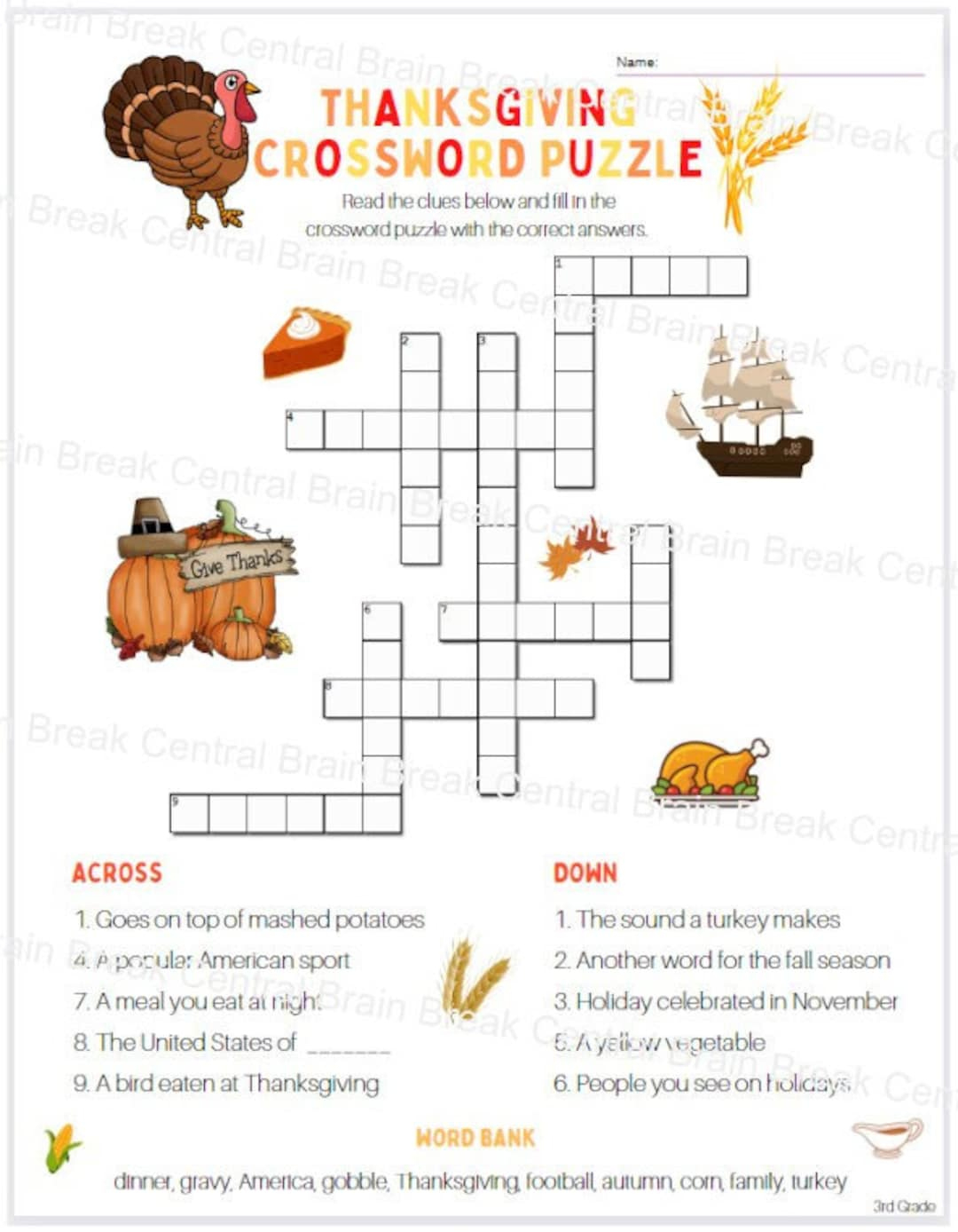 3Rd Grade Thanksgiving Crossword Puzzle With Word Bank And Answer pertaining to Thanksgiving Crossword Puzzle With Word Bank