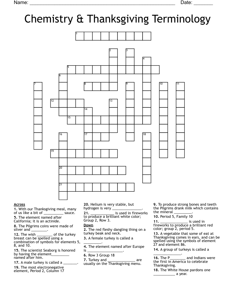 Chemistry &amp;amp; Thanksgiving Terminology Crossword - Wordmint with regard to Thanksgiving Element Puzzle