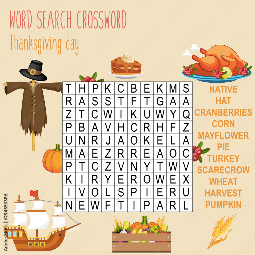 Easy Word Search Crossword Puzzle &amp;#039;Thanksgiving Day&amp;#039;, For Children regarding Thanksgiving Clue Search Puzzle