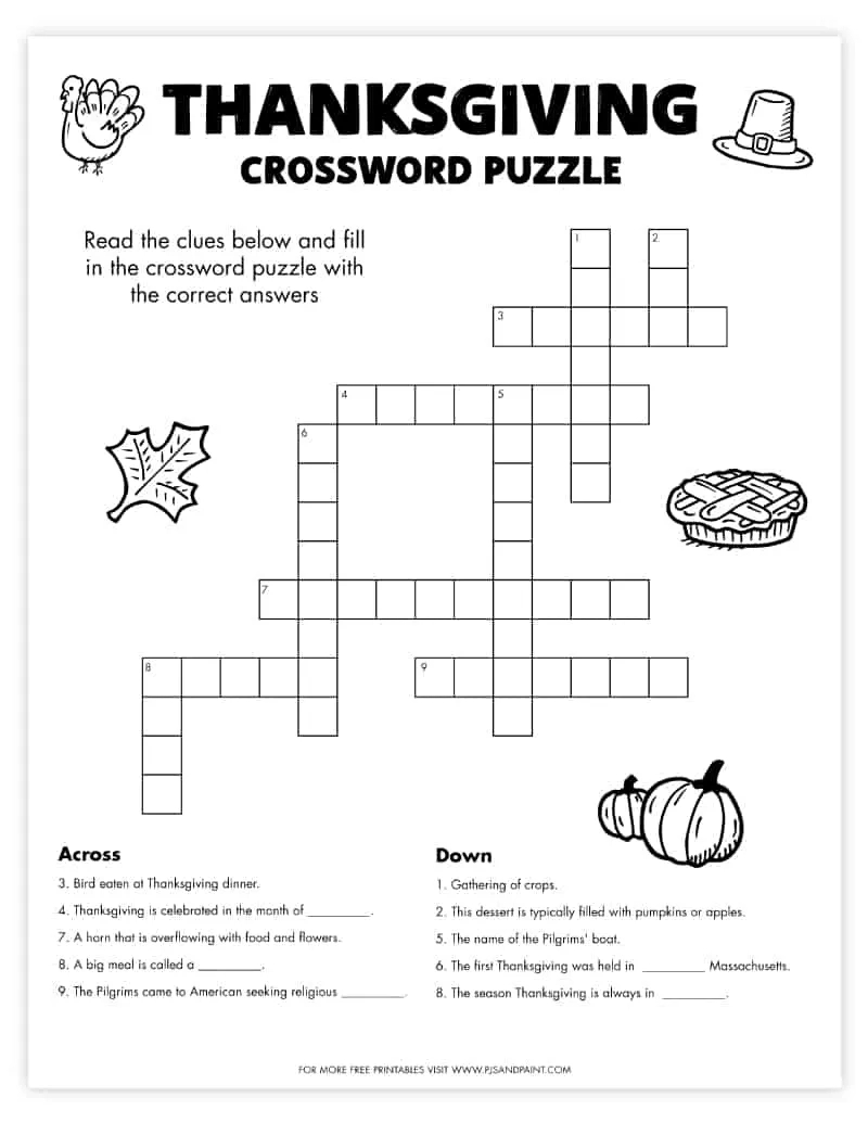 free printable thanksgiving crossword puzzle pjs and paint throughout thanksgiving crossword puzzles to print Free Printable Thanksgiving Crossword Puzzle - Pjs And Paint throughout Thanksgiving Crossword Puzzles To Print