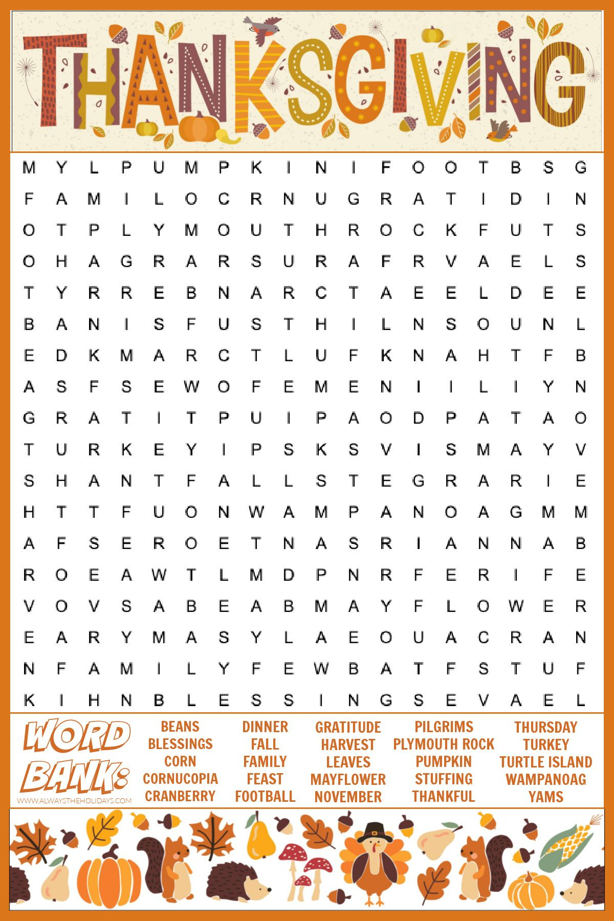 Free Thanksgiving Word Search Printable - With Answers Included for Adult Thanksgiving Puzzles
