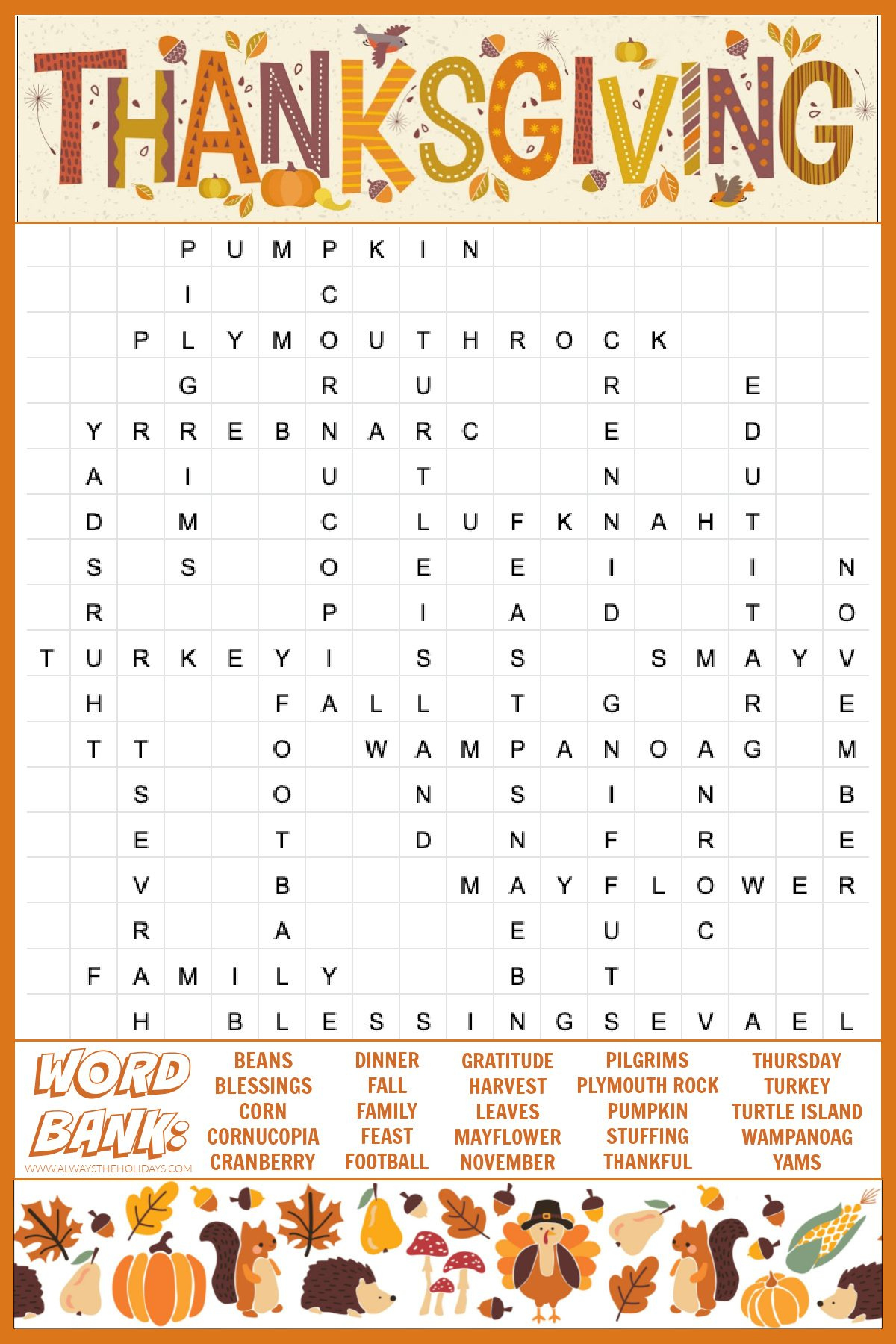 Free Thanksgiving Word Search Printable - With Answers Included throughout Thanksgiving A Massive Word Search Puzzle Answer Key