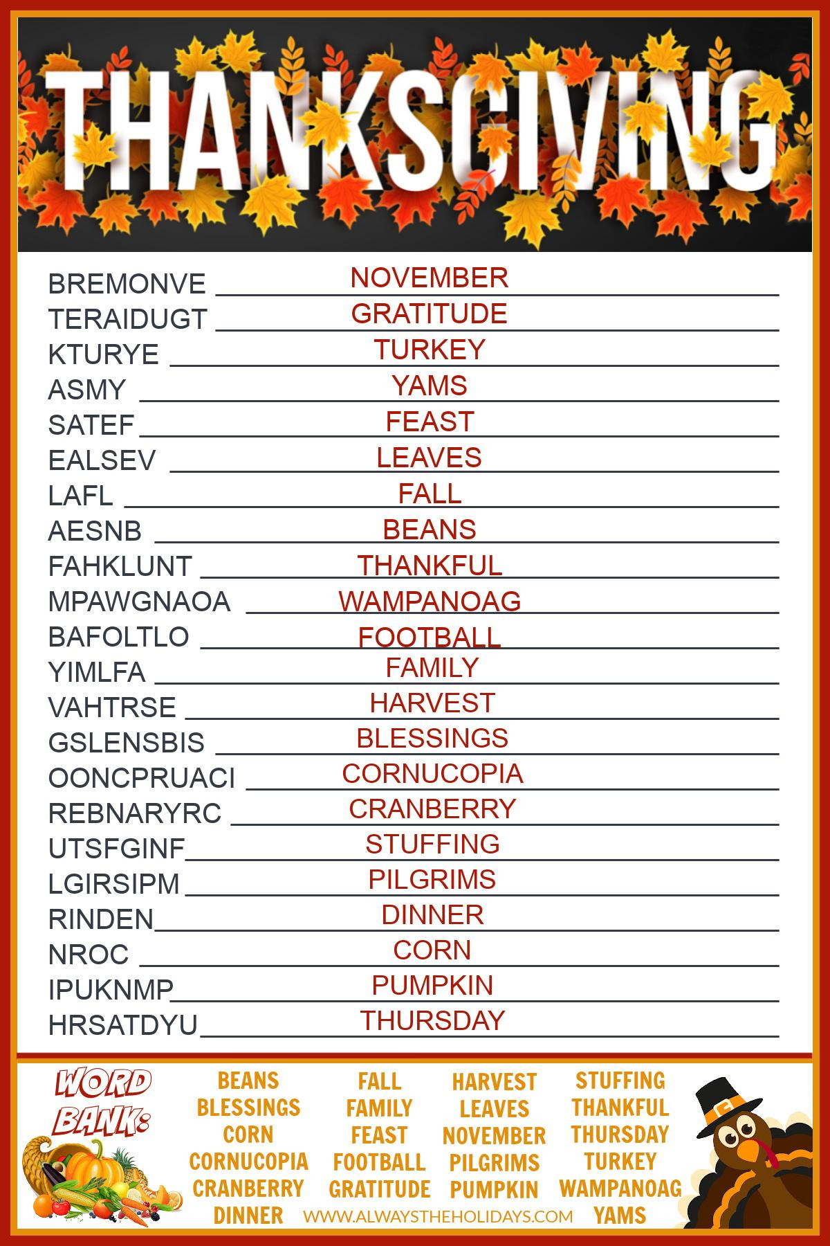 Get A Free Printable Thanksgiving Word Scramble With Answers with Puzzles To Print Thanksgiving Word Scramble Answers