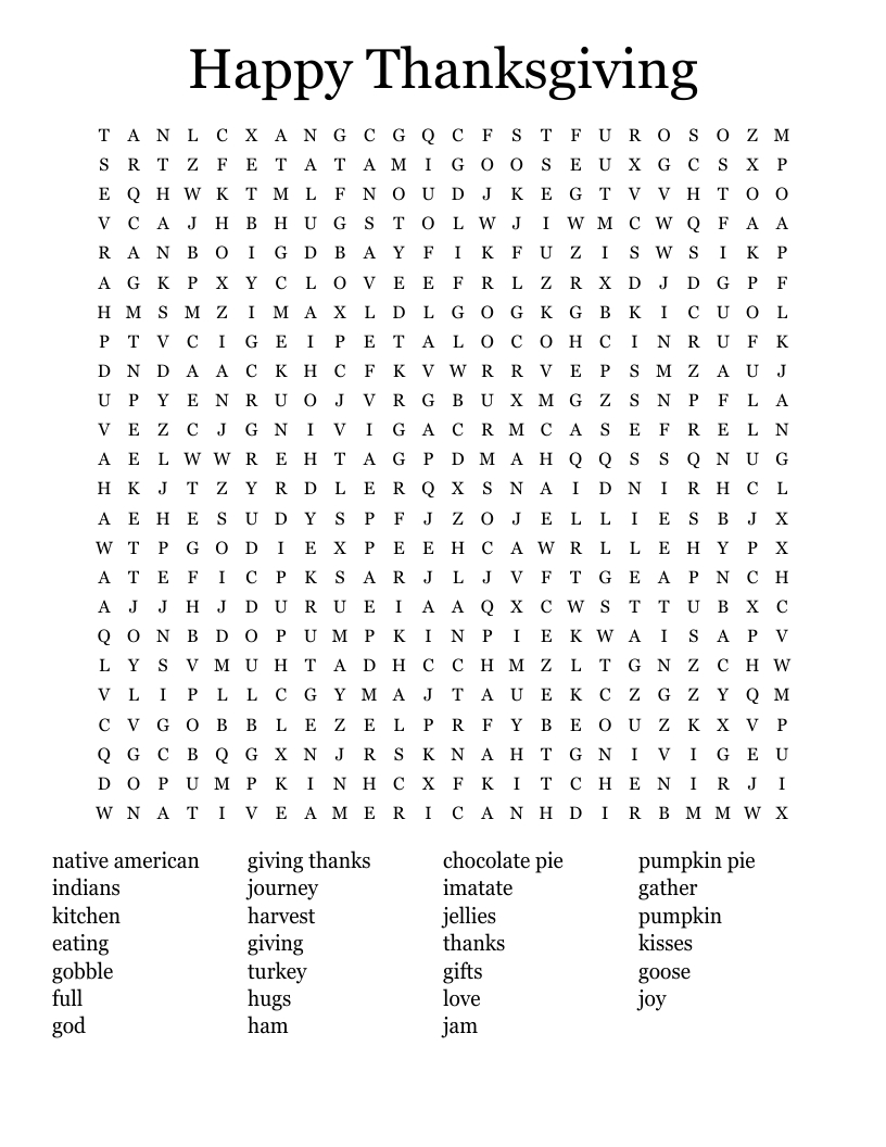 Happy Thanksgiving Word Search - Wordmint intended for Happy Thanksgiving Crossword Puzzles Answers