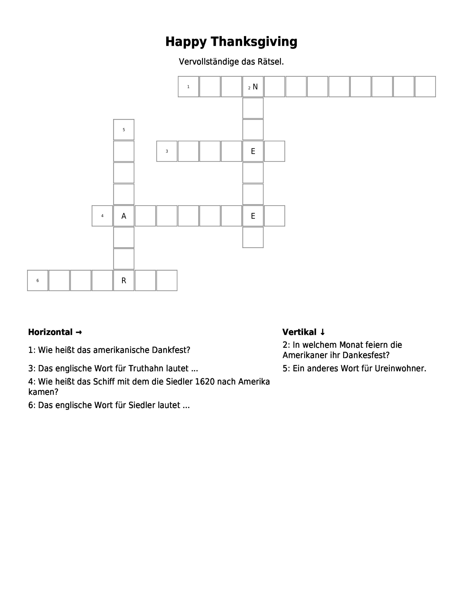 Kreuzworträtsel &amp;quot;Happy Thanksgiving&amp;quot; Als Pdf (Arbeitsblatt in Happy Thanksgiving Crossword Puzzle Answers