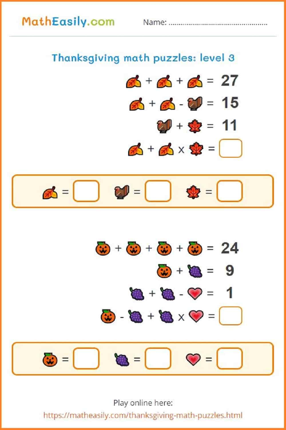 Math Thanksgiving Puzzles Printable + Online 🦃 for Thanksgiving Logic Puzzle Printables Free