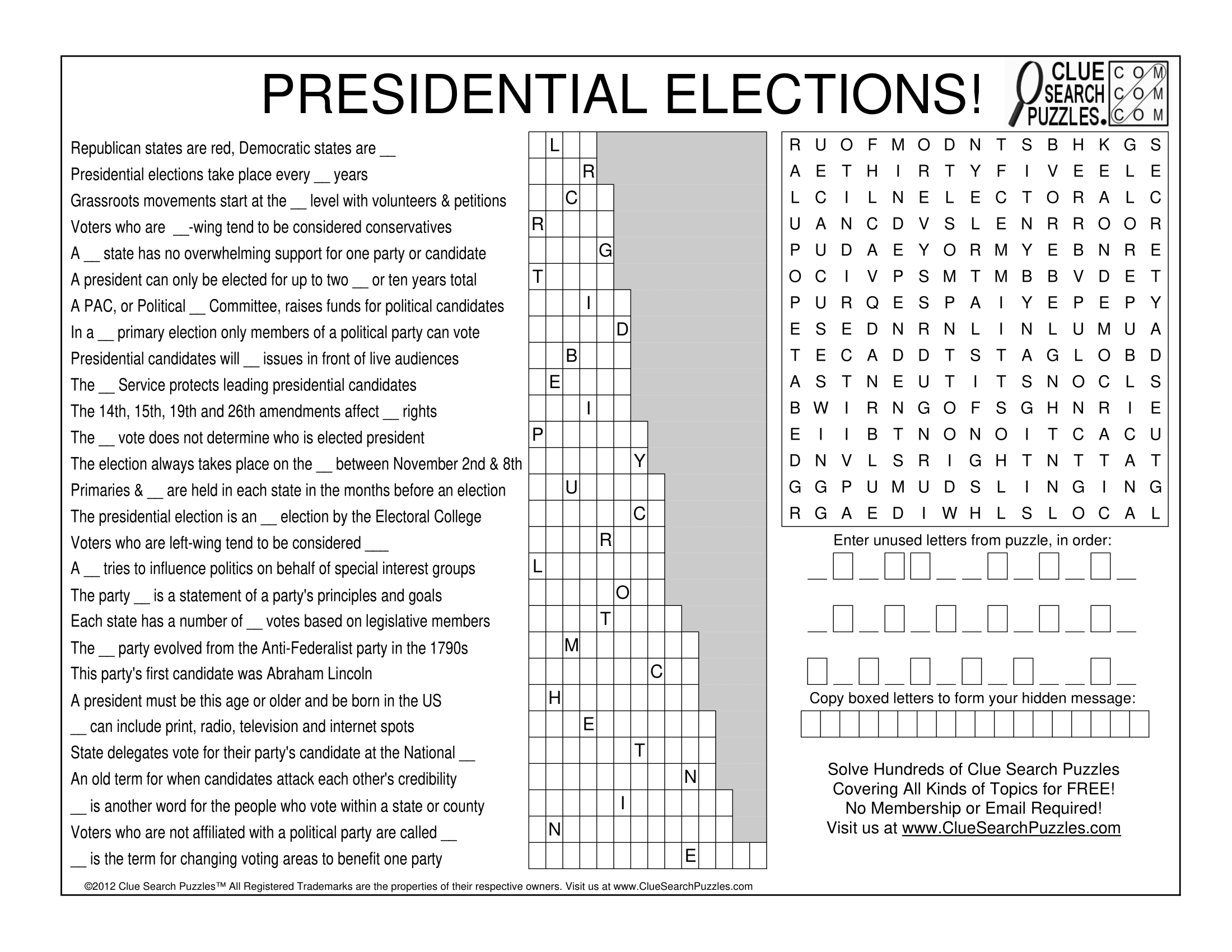 Presidential Elections Trivia Quiz with Clue Search Puzzles Thanksgiving Answer Key
