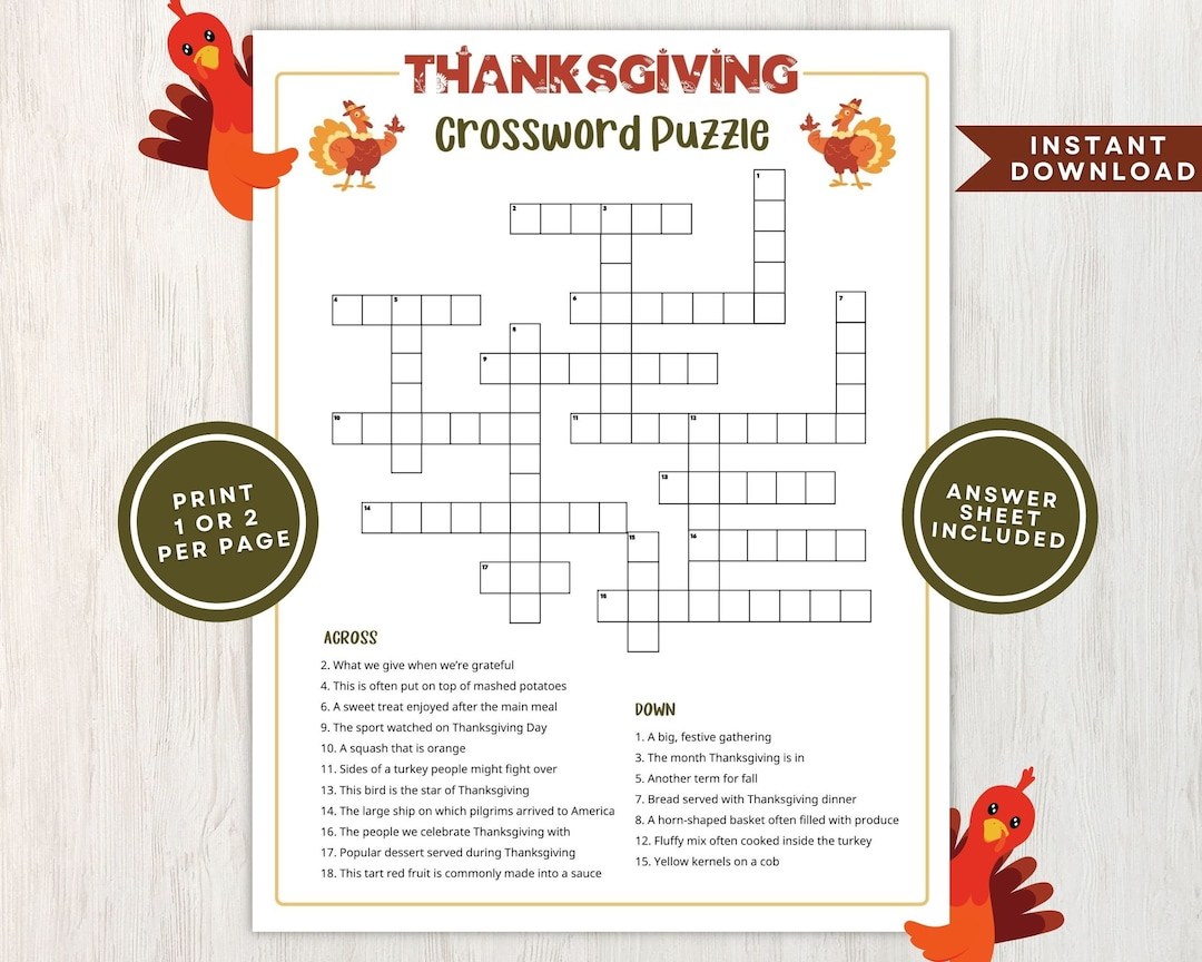 Printable Thanksgiving Crossword Puzzle For Kids And Adults throughout Thanksgiving Crossword Puzzle Worksheet