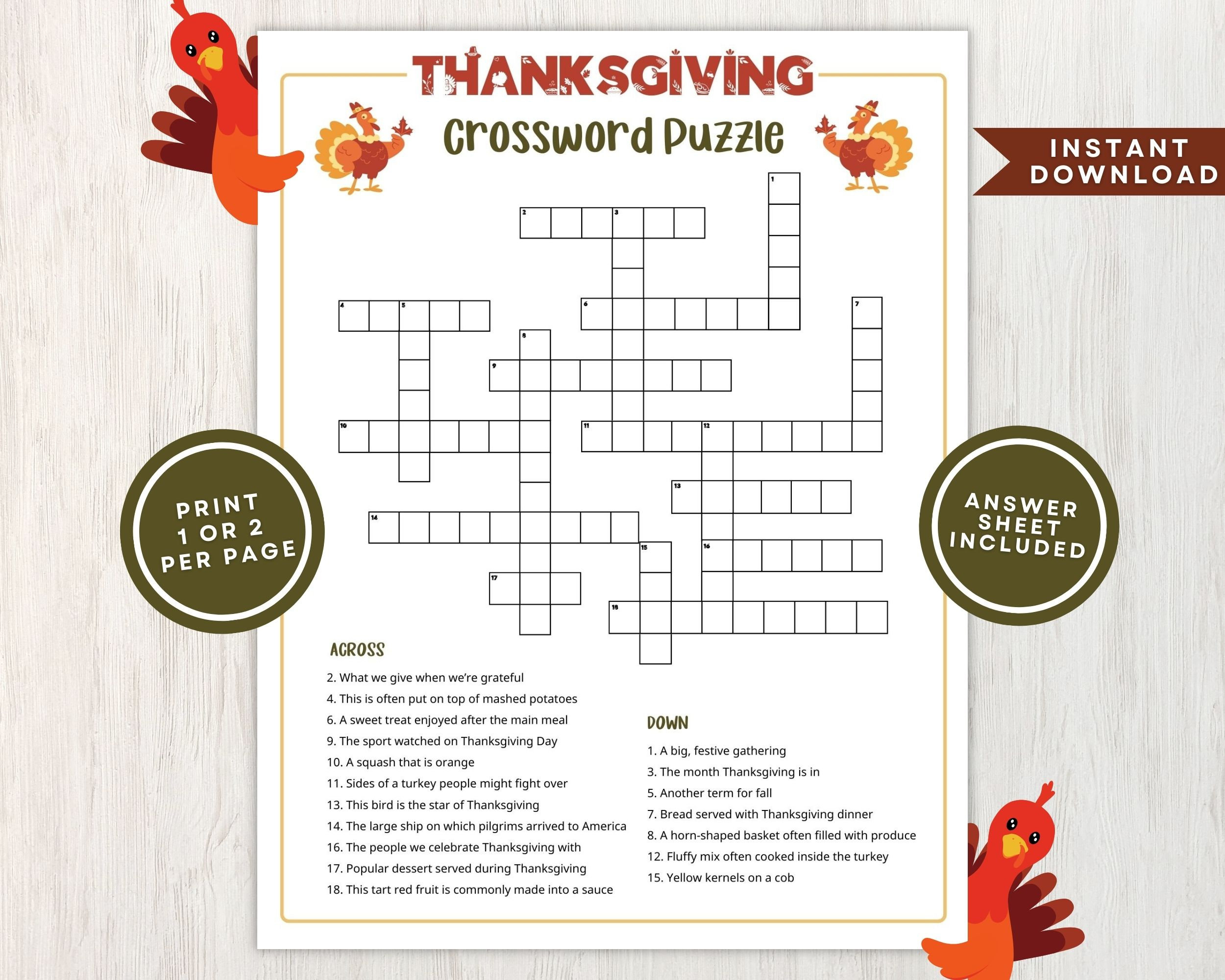 Printable Thanksgiving Crossword Puzzle For Kids And Adults with Printable Thanksgiving Puzzles