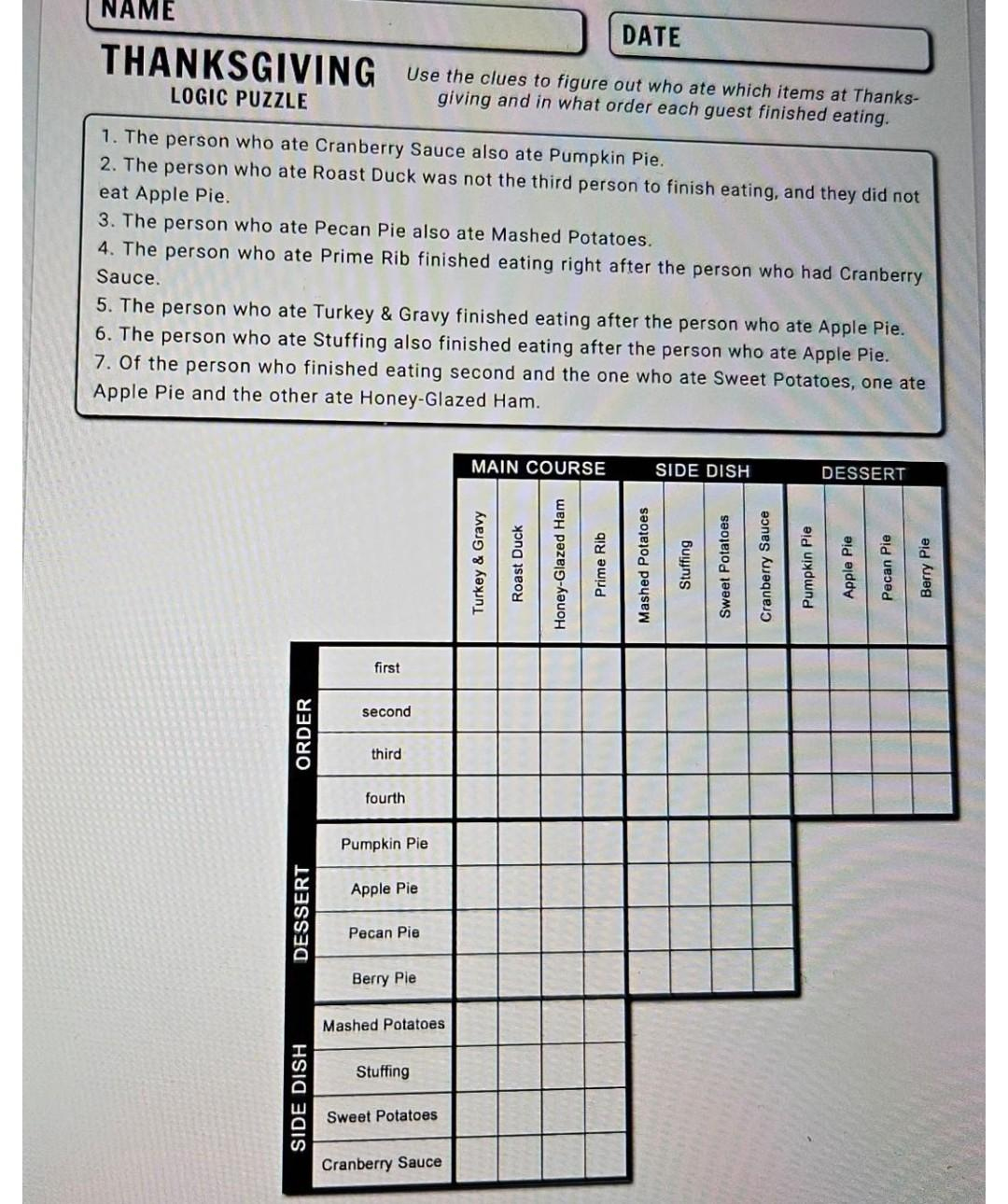 Solved Thanksgiving Logic Puzzle Use The Clues To Figure Out inside Thanksgiving Logic Puzzle Answer Key