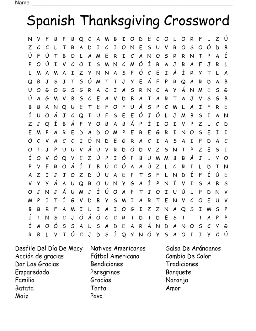 Spanish Thanksgiving Crossword Word Search - Wordmint pertaining to Spanish Thanksgiving Crossword Puzzle
