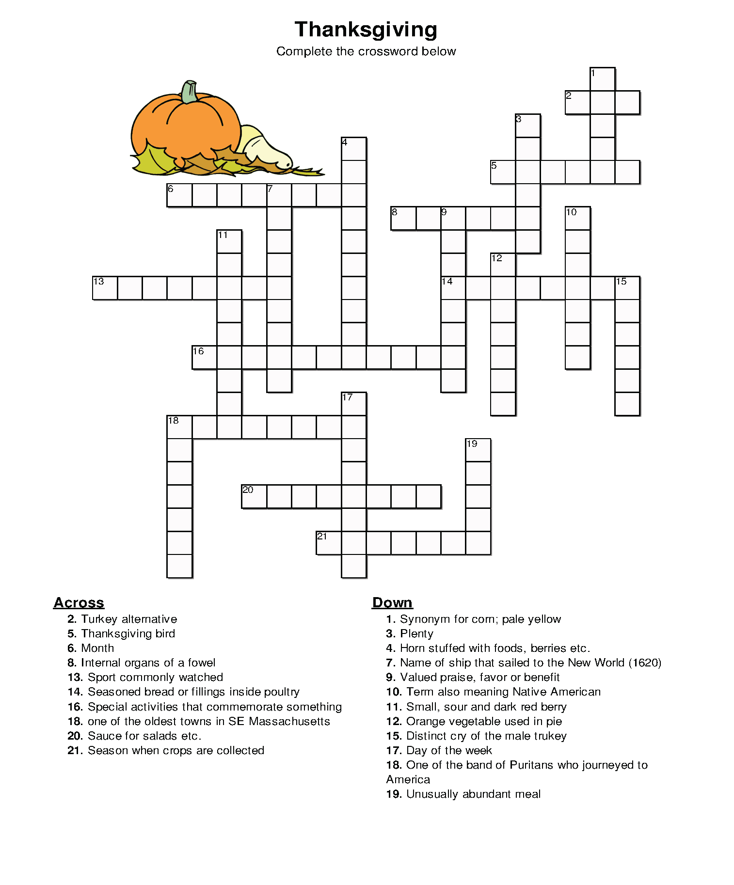 Thanksgiving Cross Word for Abcya Thanksgiving Crossword Puzzle