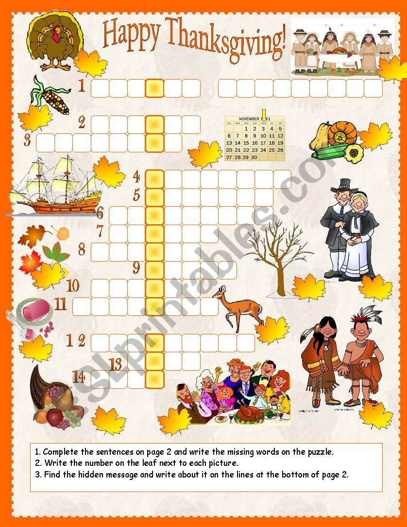 Thanksgiving Crossword - Esl Worksheetanna P with Happy Thanksgiving Crossword Puzzle Answers