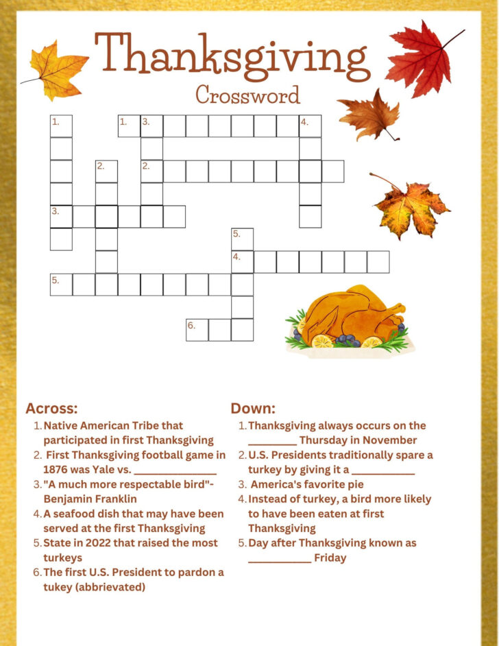 Thanksgiving Crossword Puzzle Worksheet Answer Key