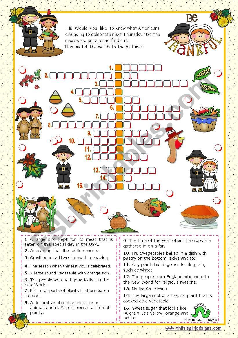 Thanksgiving Crossword Puzzle - Esl Worksheetmena22 inside Esl Thanksgiving Crossword Puzzle