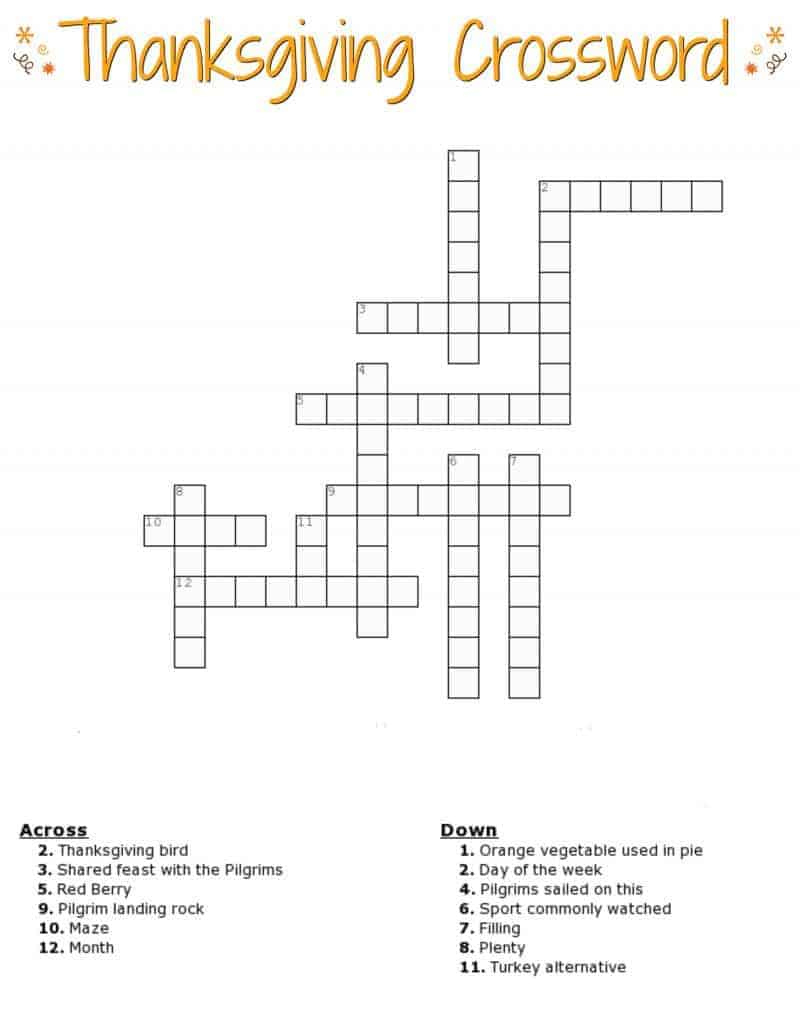 Thanksgiving Crossword Puzzle Free Printable For Kids Or Adults in Thanksgiving Word Crossword Puzzle