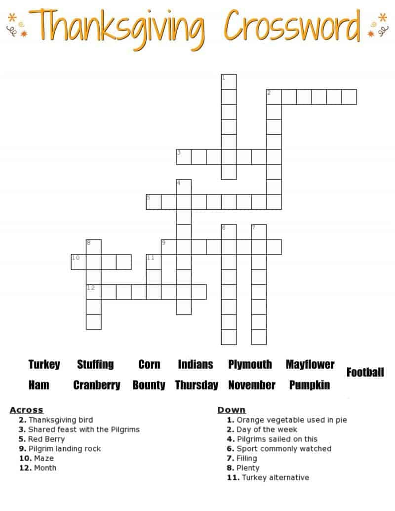 Thanksgiving Crossword Puzzle Free Printable For Kids Or Adults with Thanksgiving Crossword Puzzle With Word Bank