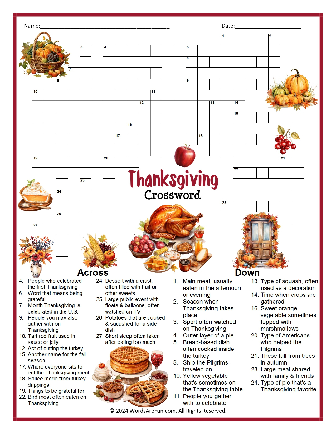 Thanksgiving Crossword Puzzle inside First Thanksgiving Foods Crossword Puzzle Answer Key